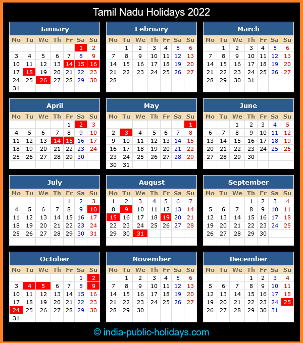 Tamil Nadu Holidays 2022